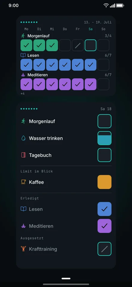 App-Screenshot: Homescreen mit zwei Widgets