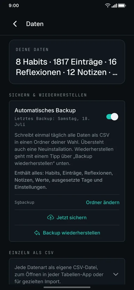 App-Screenshot: Daten und Backup