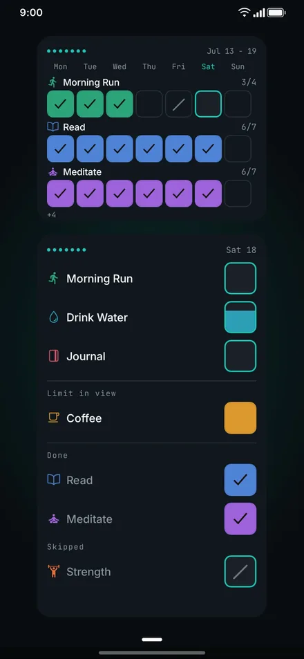 App screenshot: home screen with two widgets