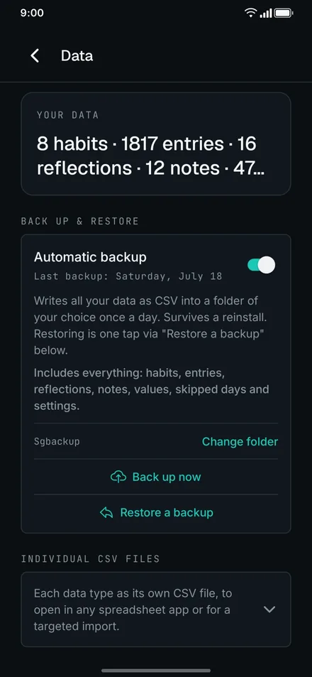 App screenshot: data and backup