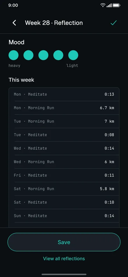 App screenshot: weekly reflection