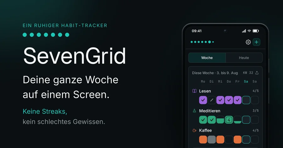 SevenGrid Aufmacher-Bild (deutsch): Wortmarke und Claim neben der App auf einem Telefon