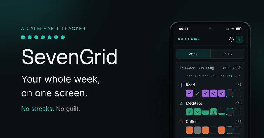 SevenGrid header image (English): wordmark and claim beside the app on a phone