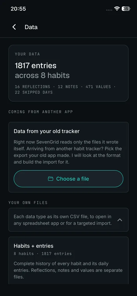 iPhone screenshot: Data, import and export